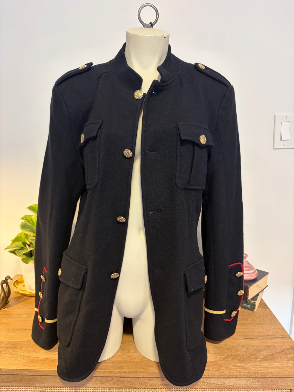 Zara Man Denim Couture Military Officer Jacket Black Gold Buttons L